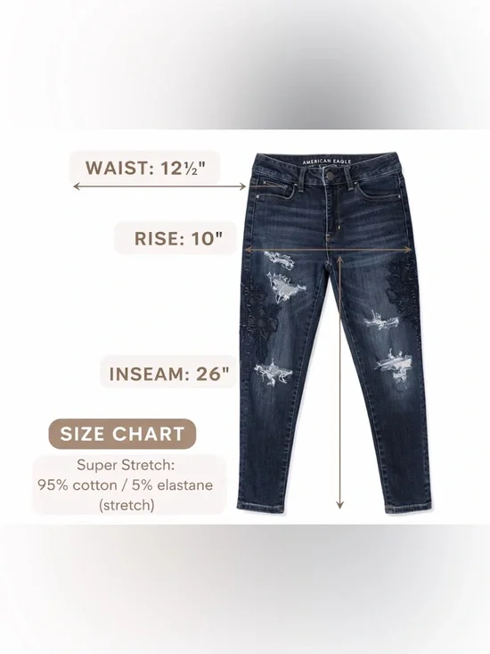 American Eagle Super Stretch Jeans Sz 4 Dark Wash Distressed Skinny Embroidered - Picture 3 of 3